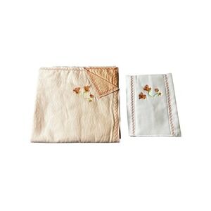 Floral Embroidered Baby Blanket Set Peach Waffle Weave Hand Crafted